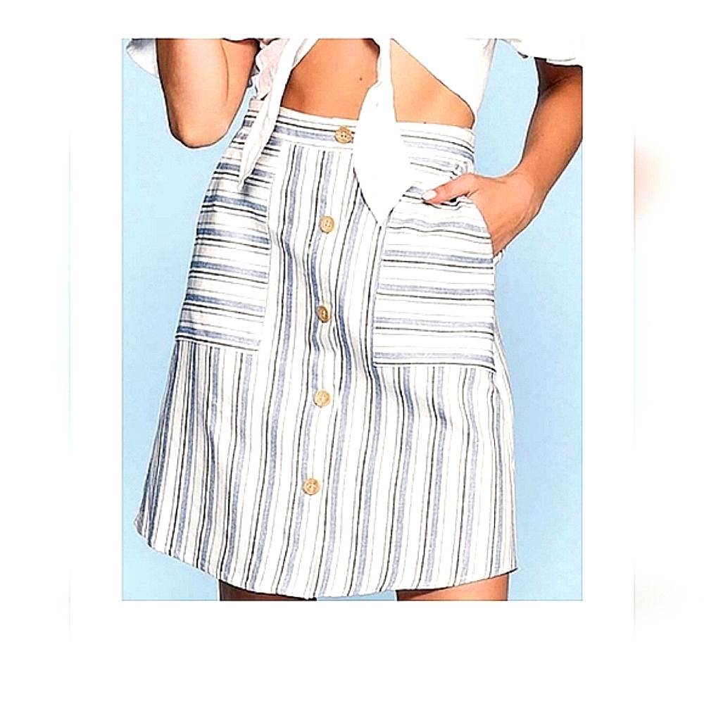 Linen POTTERS POT Paper Bag Waist Button Down Stripe Skirt with Pockets